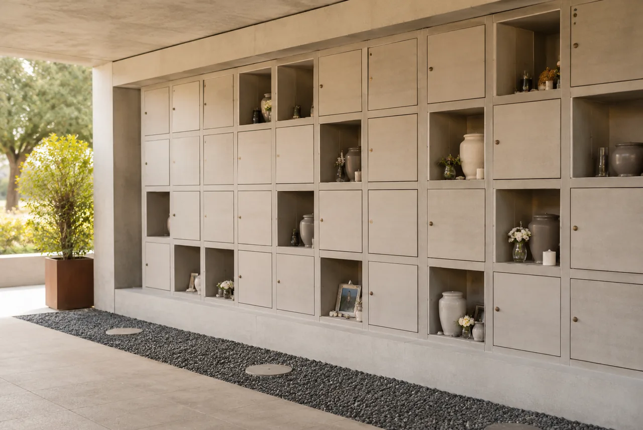 Urnenmuur met bloemen en persoonlijke gedenkplekken